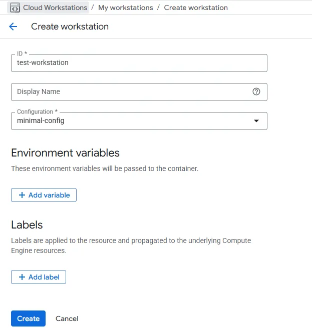 Cloud Workstations — Create workstation widget