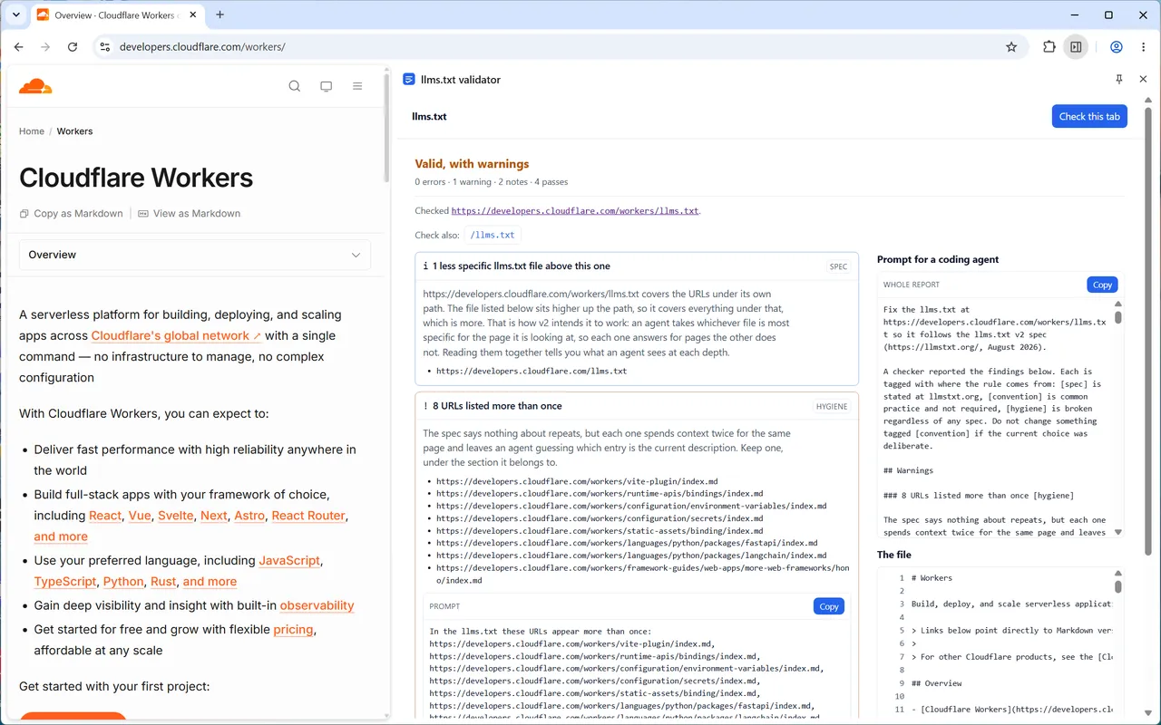 The llms.txt checker open beside developers.cloudflare.com/workers/, reporting that one less specific llms.txt file sits above this one and offering to check /llms.txt as well