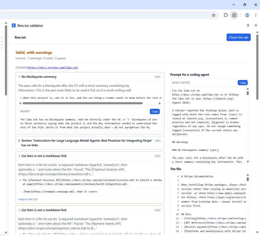 The extension's side panel in Chrome, reporting on docs.stripe.com: valid with warnings, findings tagged spec and hygiene, and a paste-ready prompt for a coding agent