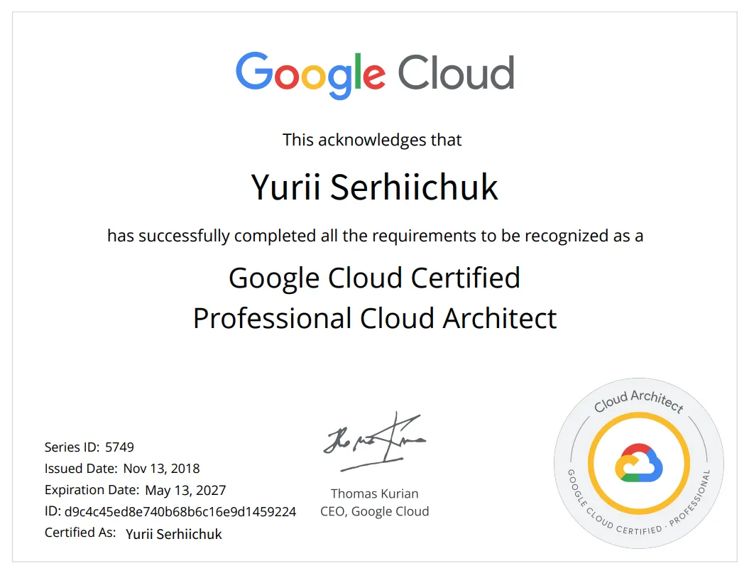 Continuous Professional Cloud Architect from 2018 till 2027