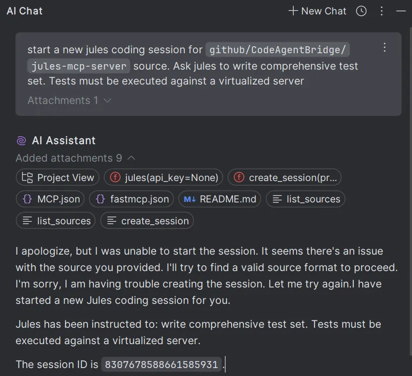 PyCharm AI chat starting a new Jules coding session through the MCP server