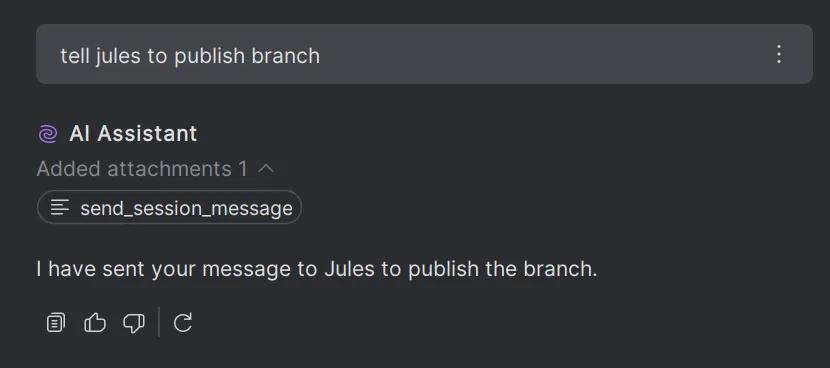 PyCharm AI chat forwarding a "publish branch" message to Jules