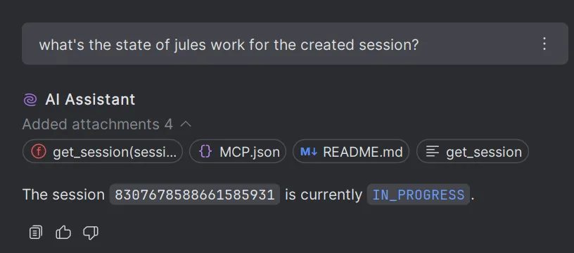 PyCharm AI chat reporting the Jules session is IN_PROGRESS