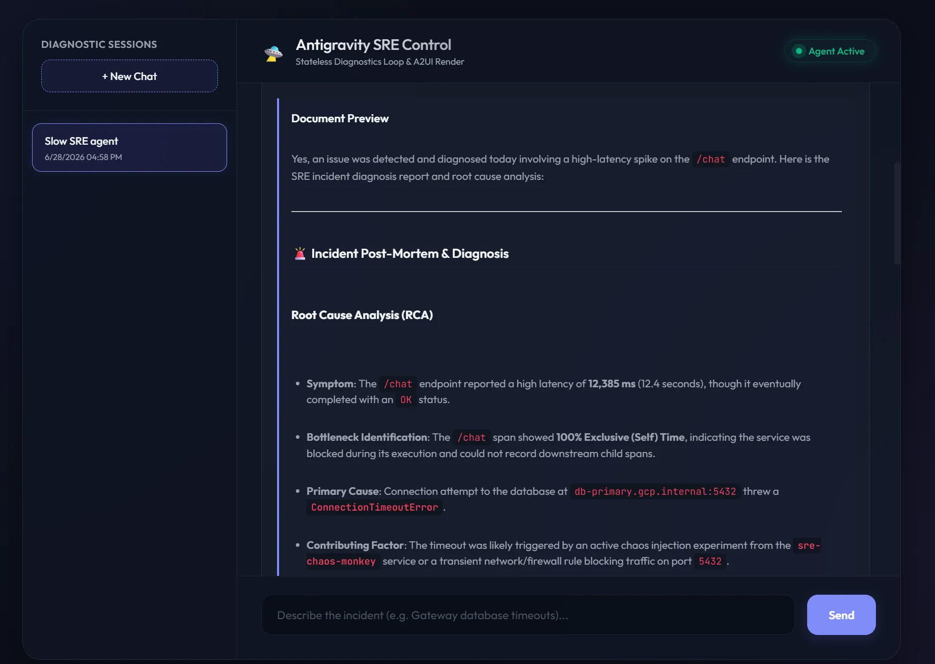 SRE agent chat UI